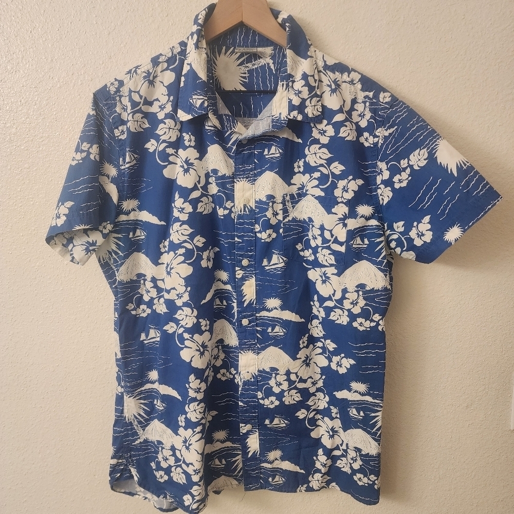 Hang Ten Hawaiian Vibes 100% Cotton Casual Blue Floral Palm Shirt Mens XL